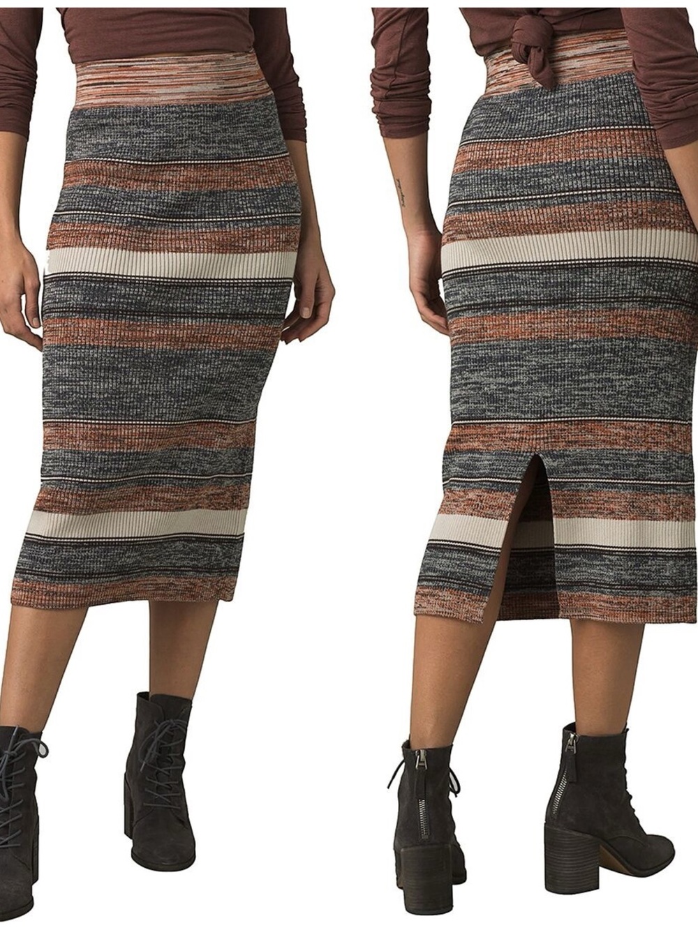NEW PrAna Acadia Midi Skirt Organic Cotton Earth Tones Stretchy Size Small NWT